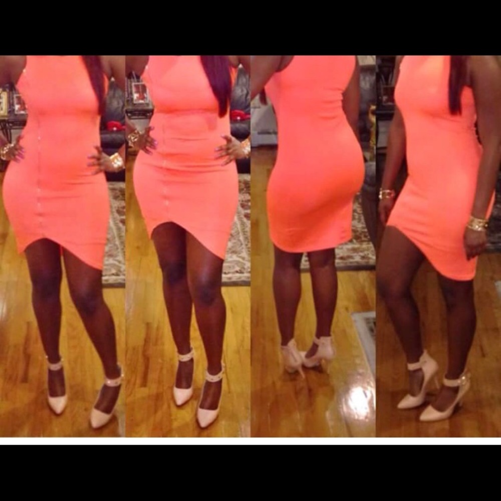 ORANGE ASYMMETRICAL ZIP BODY CON DRESS